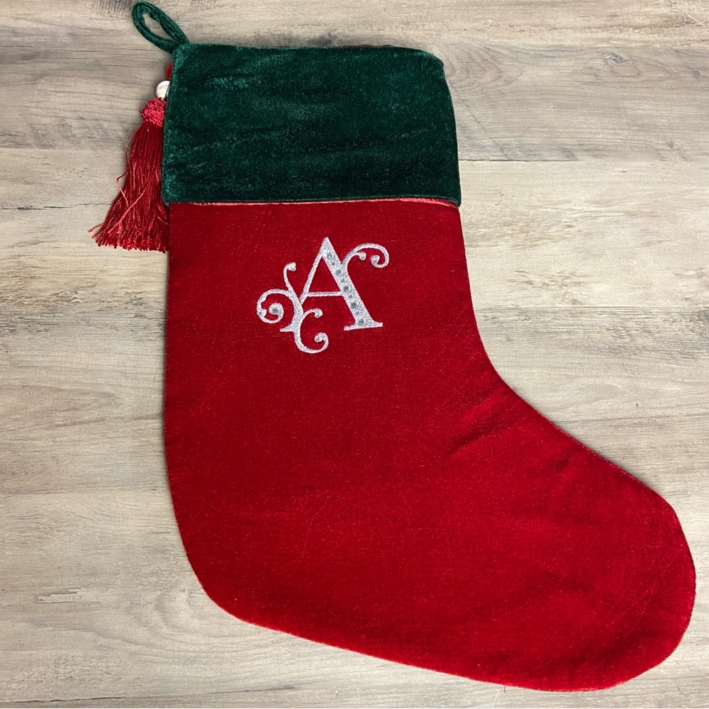 Christmas Stocking Red &‎ Green Velvet With Tassel, Rhinestone Monogram (A)